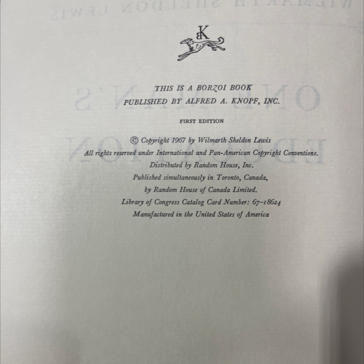 one man's education book, by Wilmarth Sheldon Lewis, 1967 Hardcover image 3