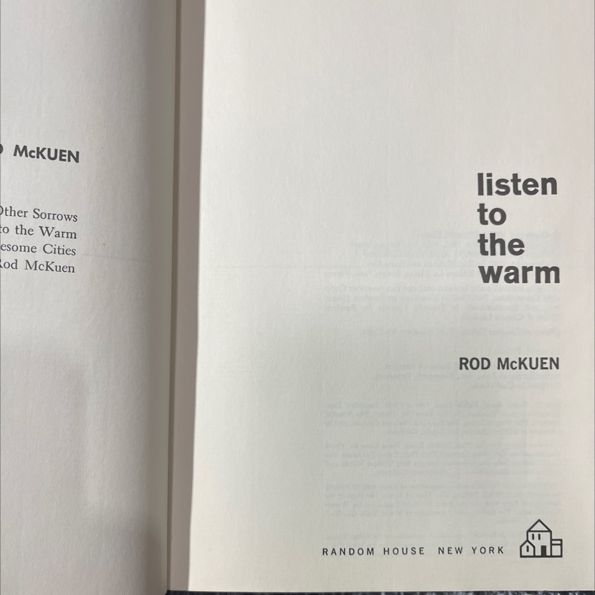 other sorrows to the warmesome cities book, by rod mckuen, 1967 Hardcover image 2