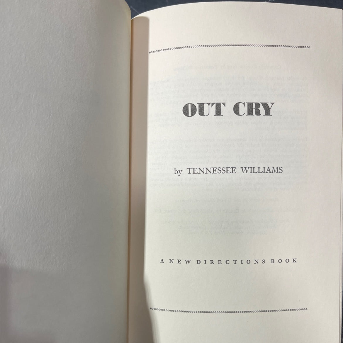 out cry book, by tennessee williams, 1973 Hardcover image 2