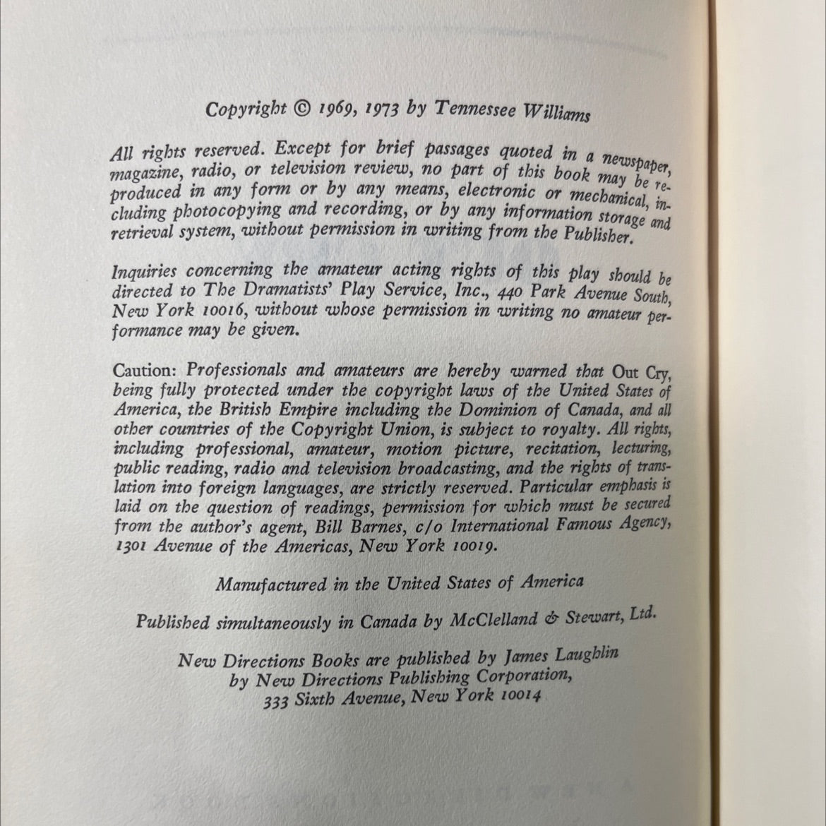 out cry book, by tennessee williams, 1973 Hardcover image 3