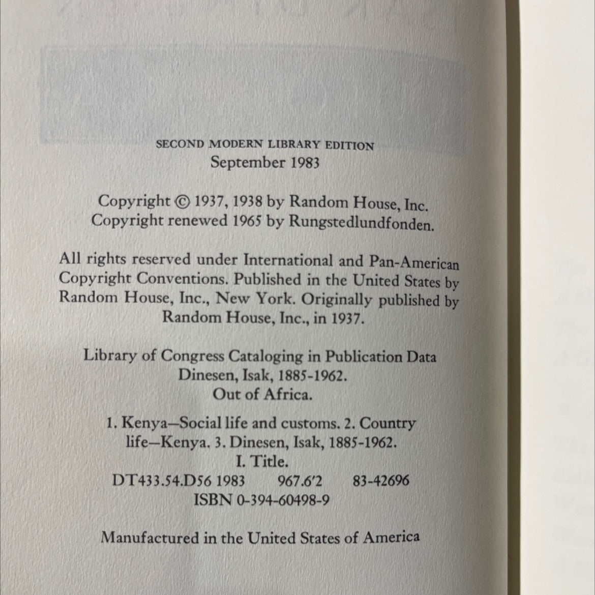 out of africa book, by isak dinesen, 1983 Hardcover image 3