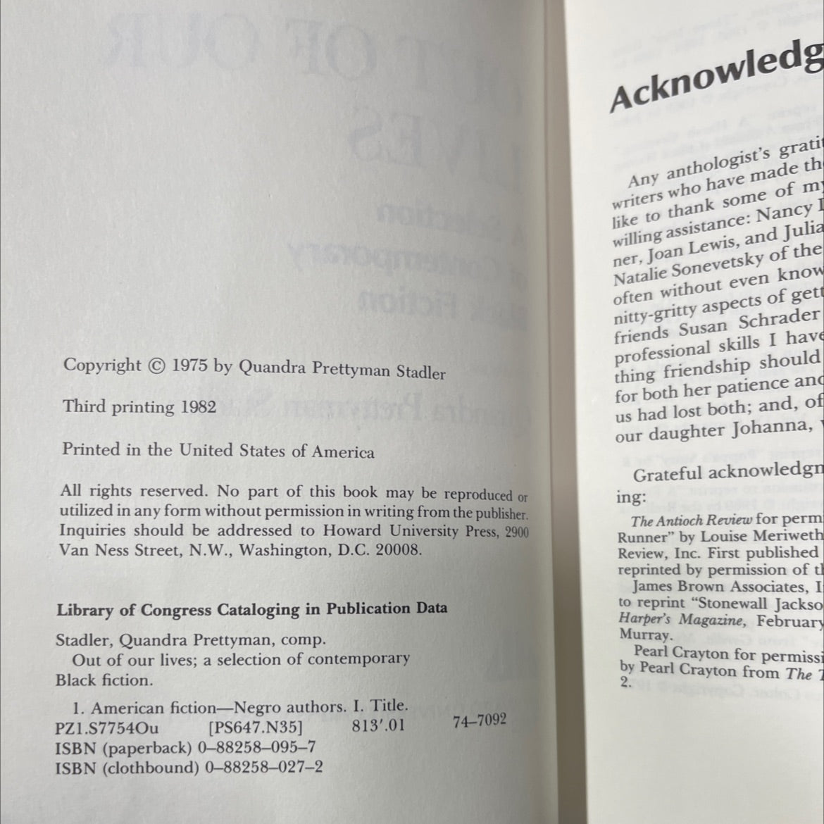 out of our lives a selection of contemporary black fiction book, by quandra prettyman stadler, 1982 Hardcover image 3