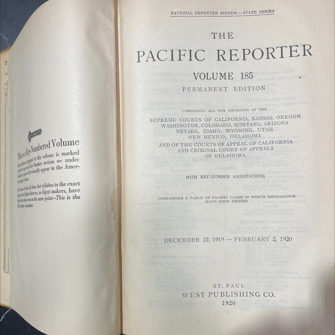 pacific reporter volume 185 permanent edition book, by unknown, 1920 Hardcover image 2