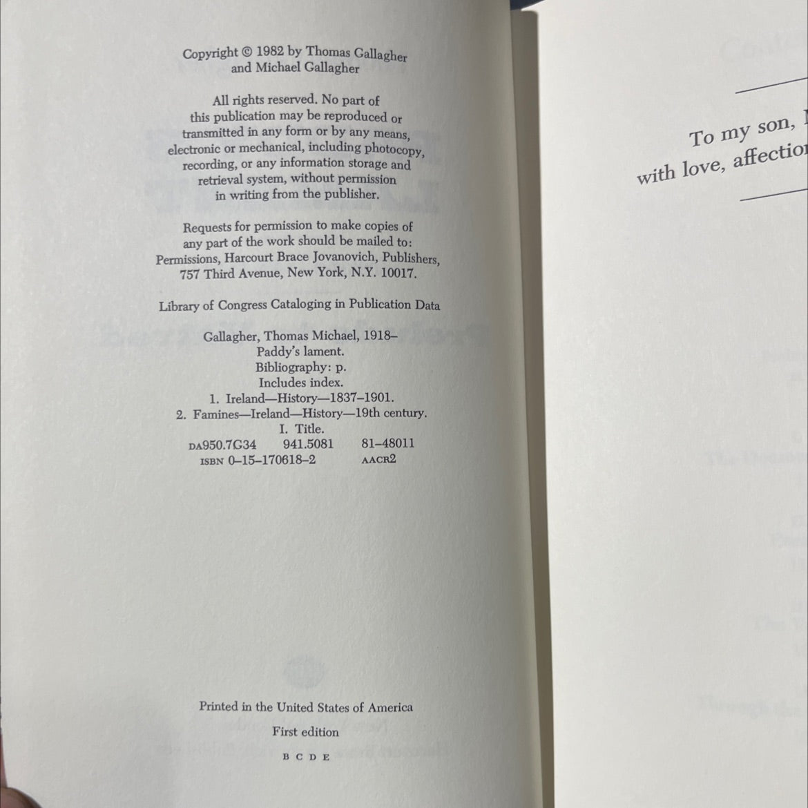 paddy's lament book, by Thomas Gallagher, 1982 Hardcover image 3