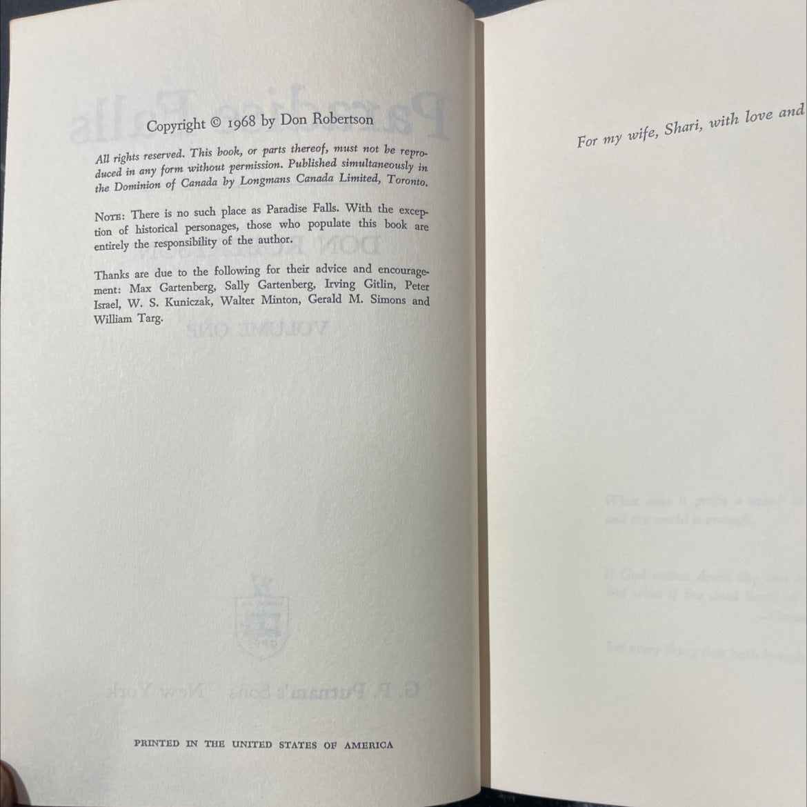 paradise falls book, by don robertson, 1968 Hardcover image 3