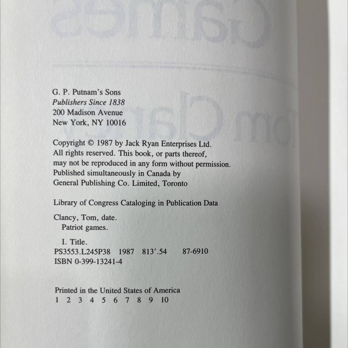 patriot games book, by Tom Clancy, 1987 Hardcover image 3