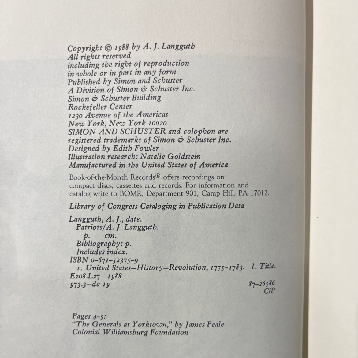 patriots book, by A. J. Langguth, 1988 Hardcover image 3