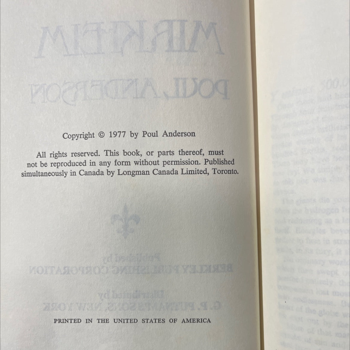 plaim mirkheim book, by poul anderson, 1977 Hardcover image 3