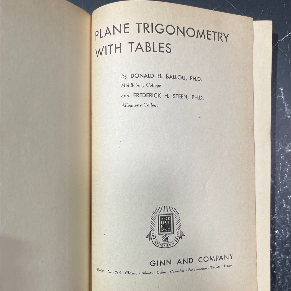 plane trigonometry with tables book, by donald h. ballou, ph.d. and frederick h. steen, ph.d., 1943 Hardcover image 2