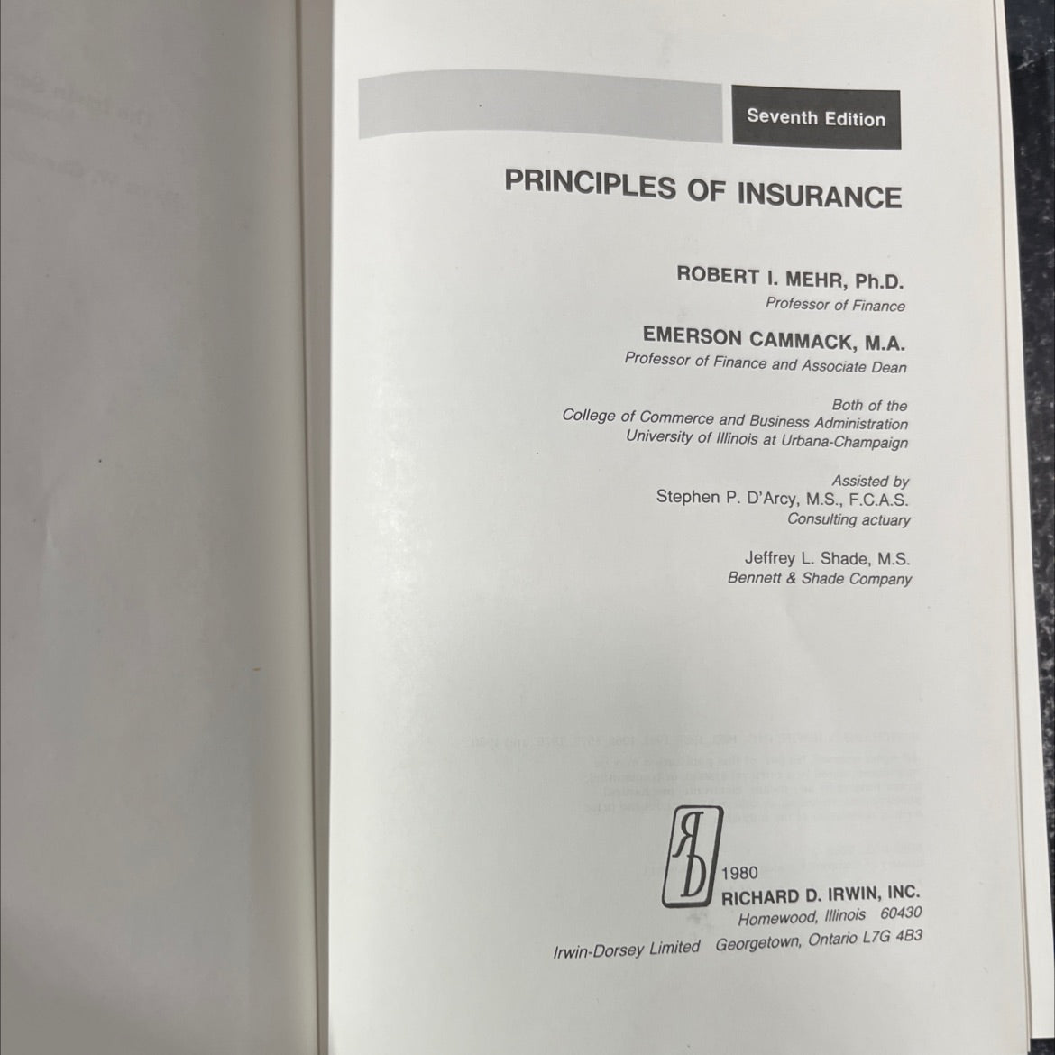 principles of insurance book, by robert i. mehr, emerson cammack, 1980 Hardcover image 2