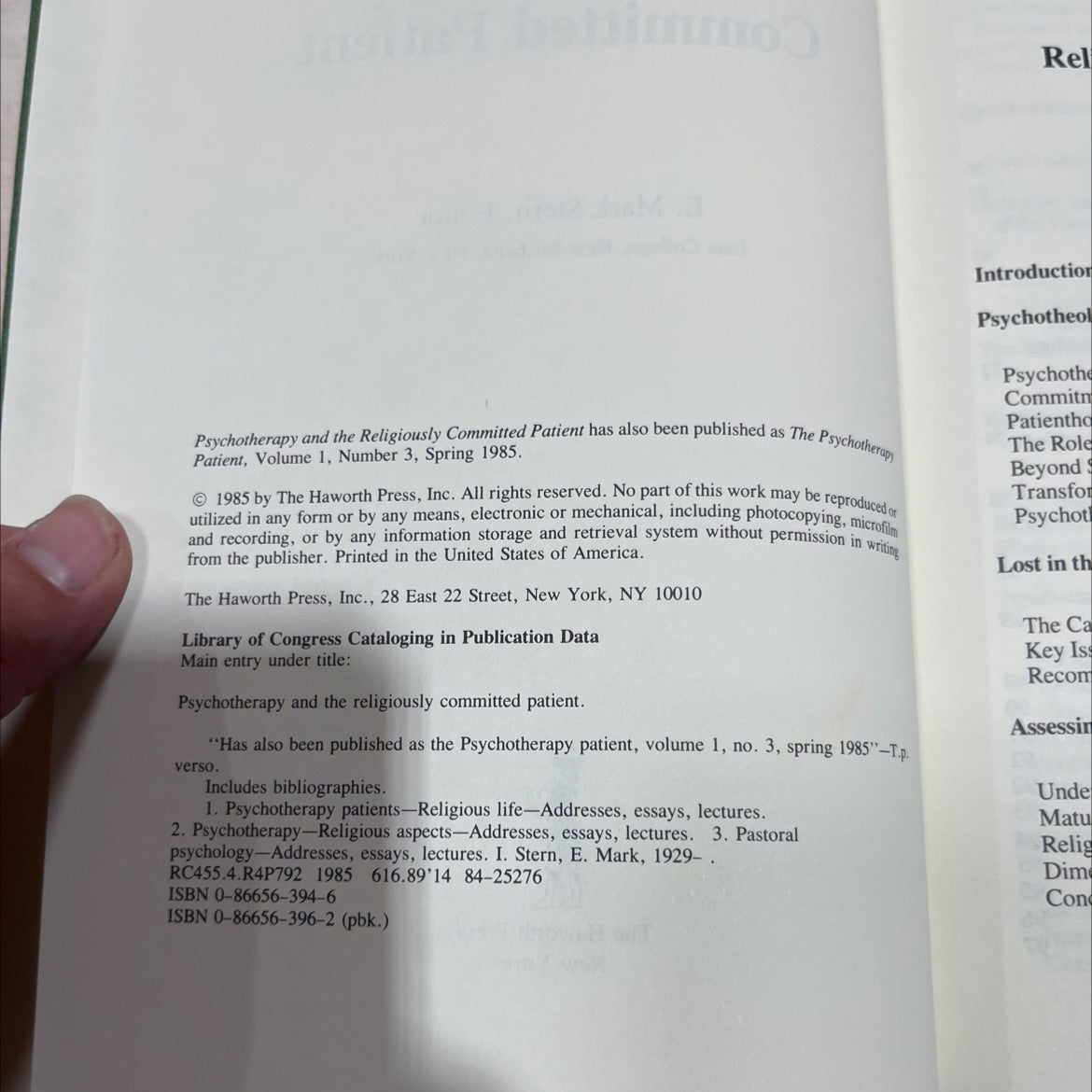 psychotherapy and the religiously committed patient book, by E. Mark Stern, 1985 Hardcover image 3