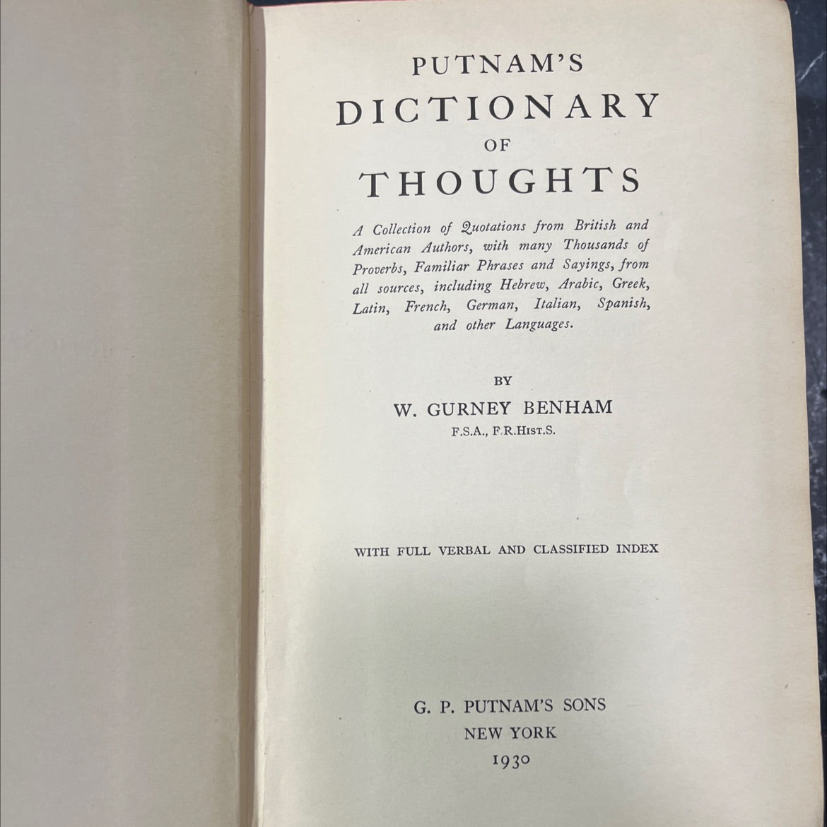 putnam's dictionary of thoughts book, by w. gurney benham, 1930 Hardcover image 2