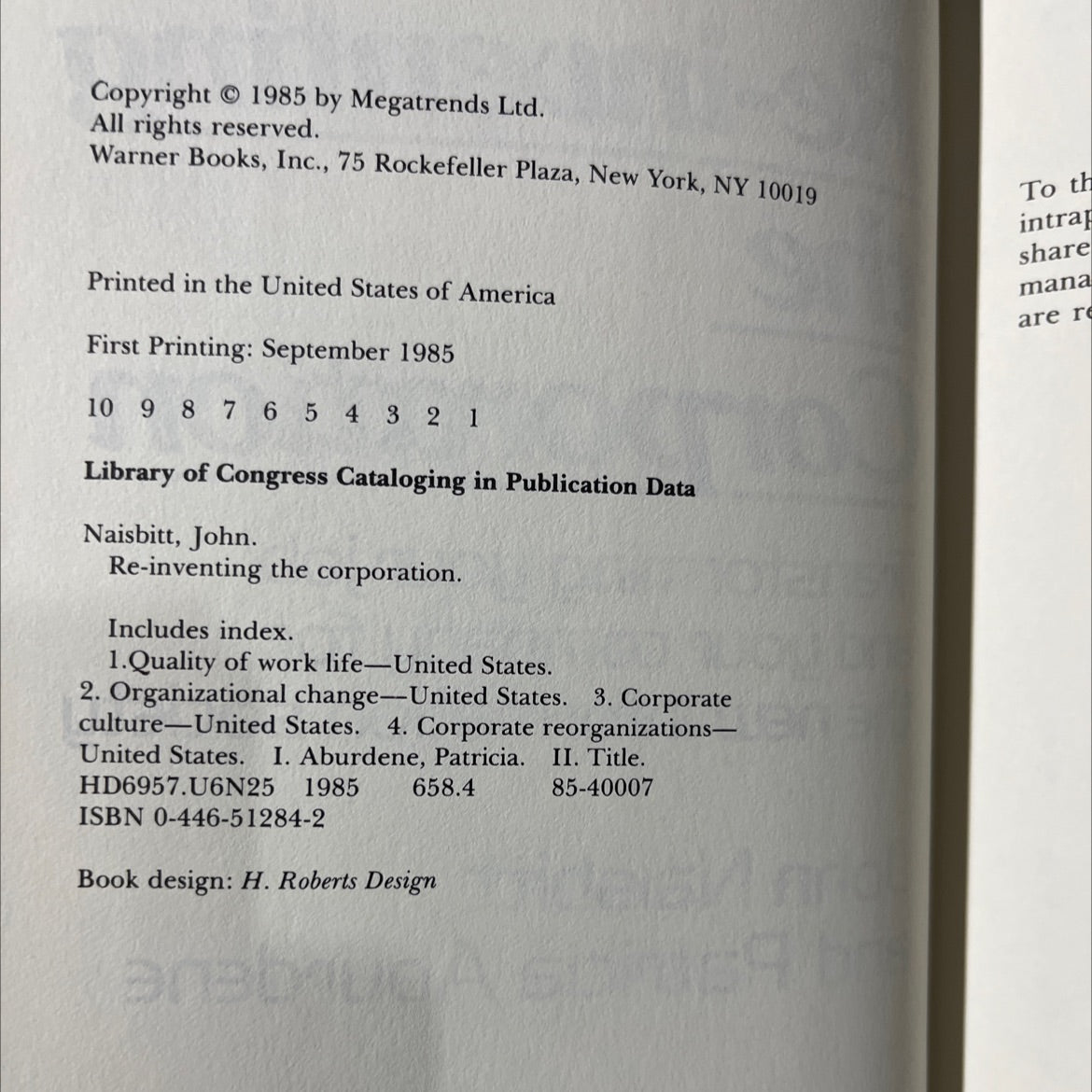 re-inventing the corporation book, by john naisbitt and patricia aburdene, 1985 Hardcover image 3
