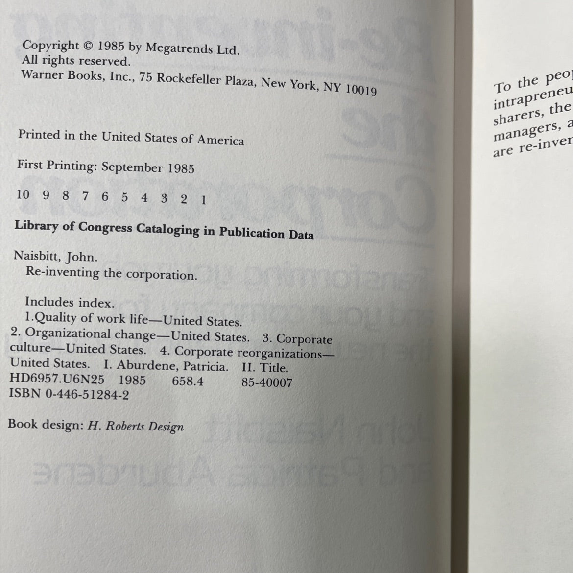 re-inventing the corporation book, by john naisbitt and patricia aburdene, 1985 Hardcover image 3