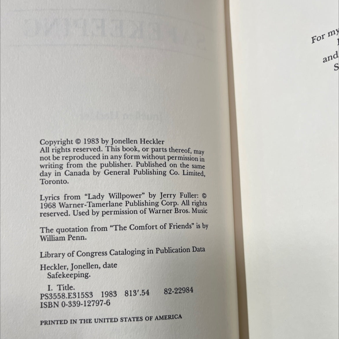 safekeeping book, by jonellen heckler, 1983 Hardcover image 3