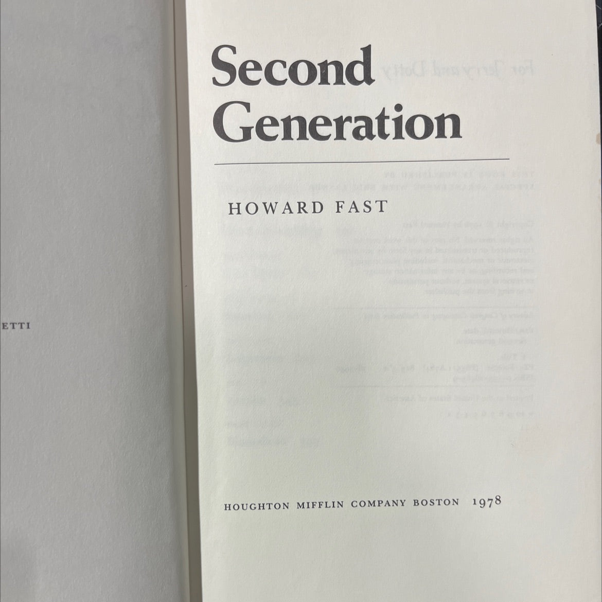 second generation book, by Howard Fast, 1978 Hardcover image 2