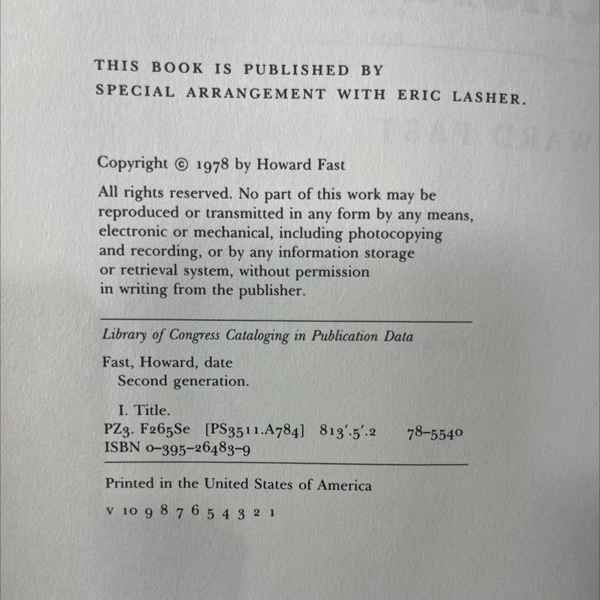 second generation book, by Howard Fast, 1978 Hardcover image 3