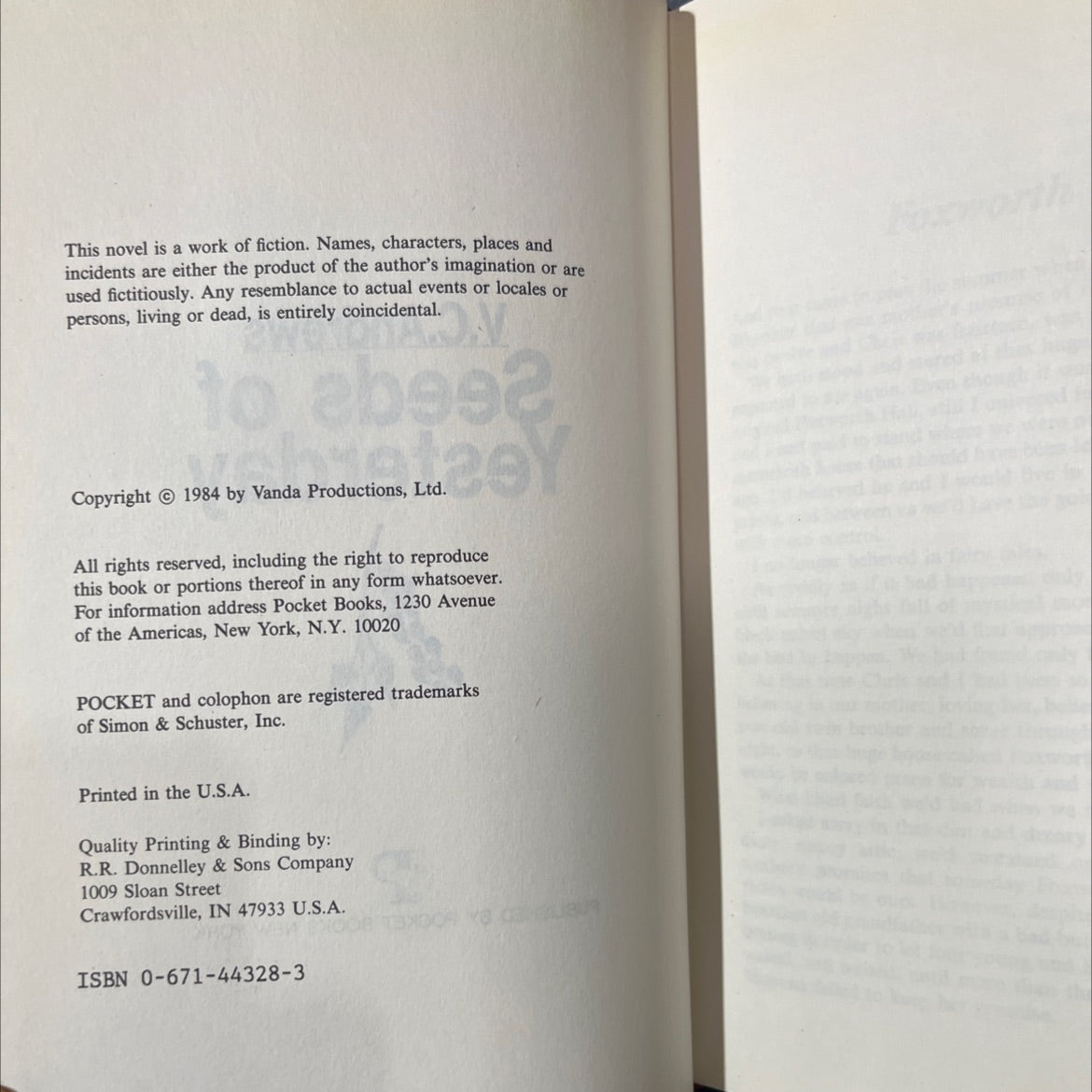 seeds of yesterday book, by V.C. Andrews, 1984 Hardcover image 3