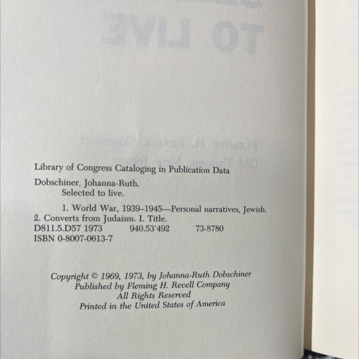 selected to live book, by Johanna-Ruth Dobschiner, 1973 Hardcover image 3