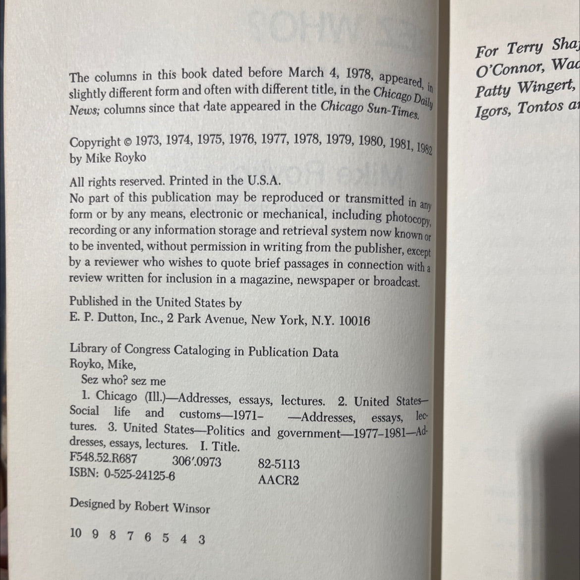 sez who? sez me book, by Mike Royko, 1982 Hardcover image 3