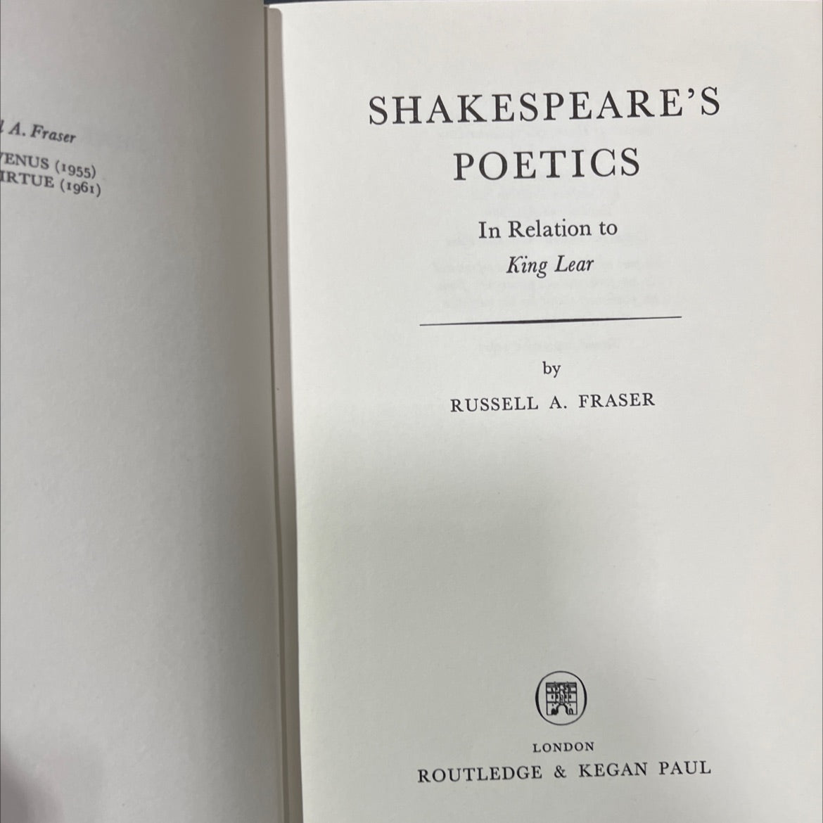 shakespeare's poetics in relation to king lear book, by russell a. fraser, 1962 Hardcover image 2