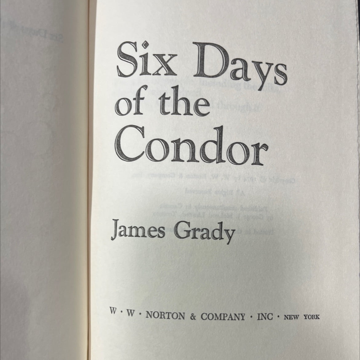 six days of the condor book, by james grady, 1974 Hardcover image 2