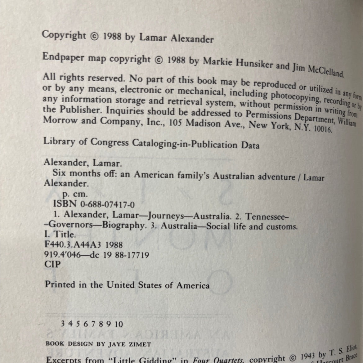 six months off an american family's australian adventure book, by lamar alexander, 1988 Hardcover image 3