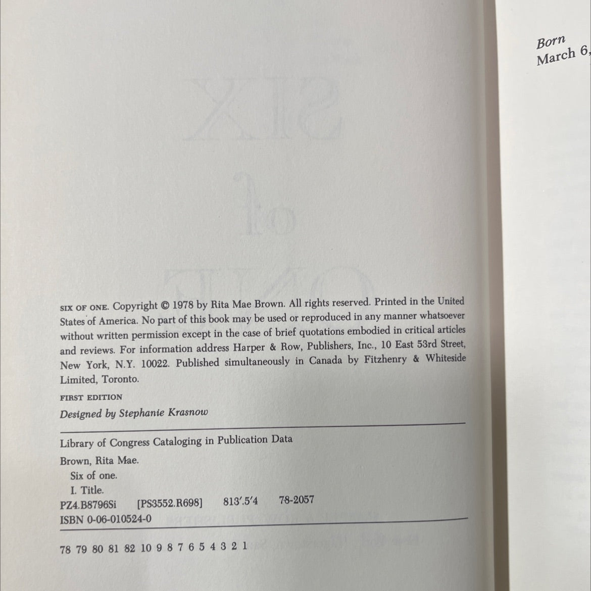 six of one book, by Rita Mae Brown, 1978 Hardcover image 3