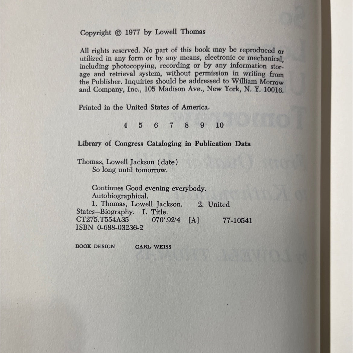 so long until tomorrow from quaker hill to kathmandu book, by lowell thomas, 1977 Hardcover image 3