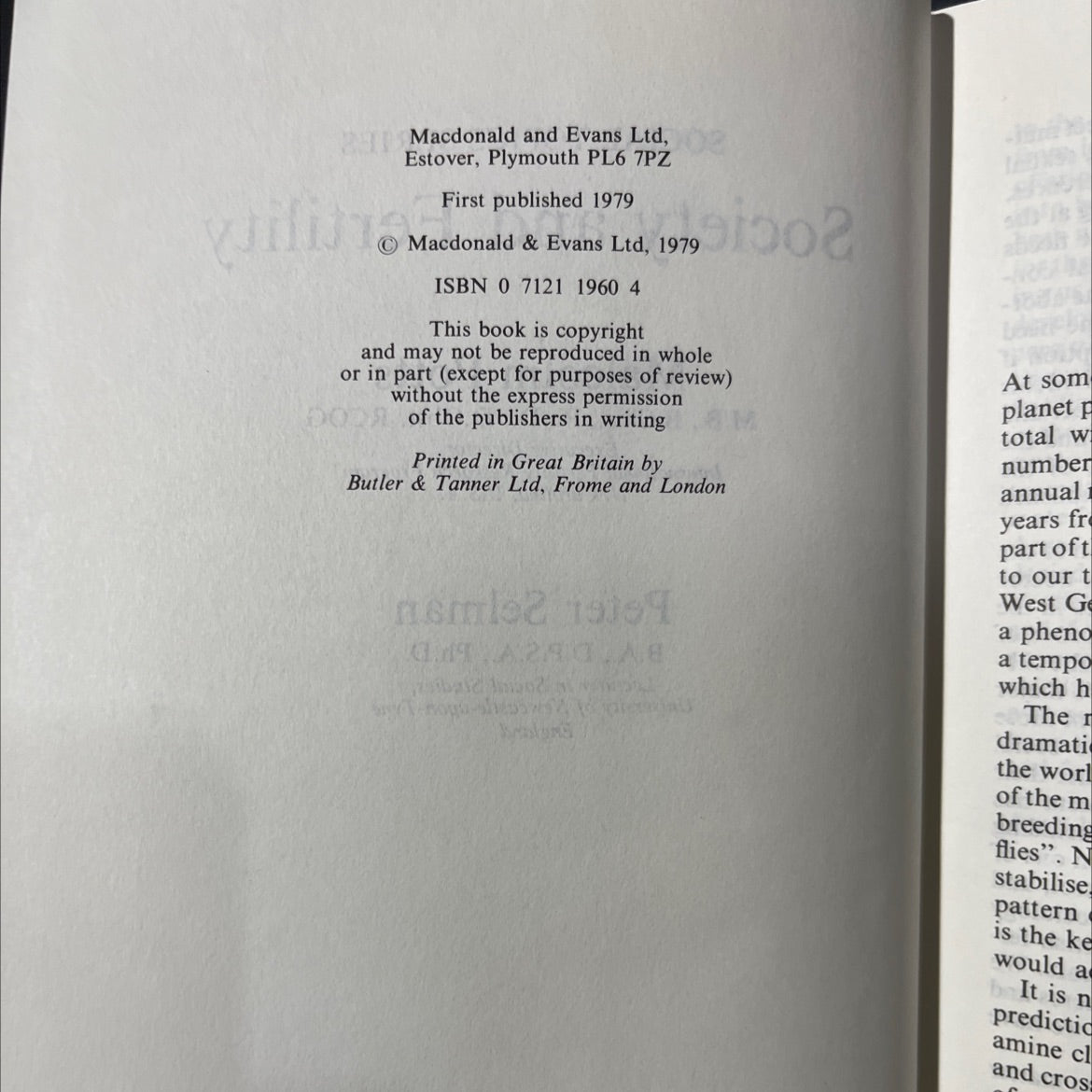 society and fertility book, by malcolm potts, peter selman, 1979 Hardcover image 3