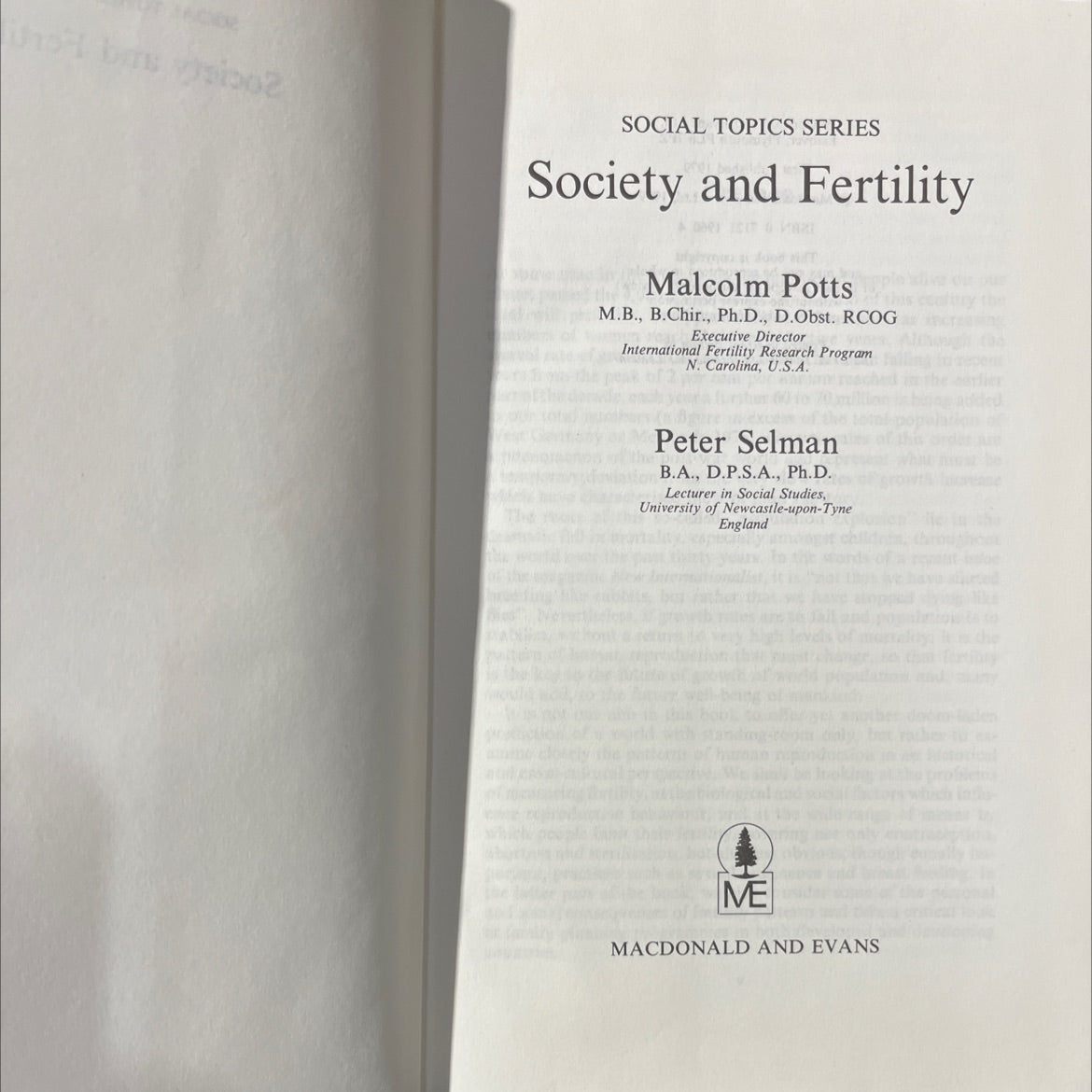 society and fertility book, by malcolm potts, peter selman, 1979 Hardcover image 2