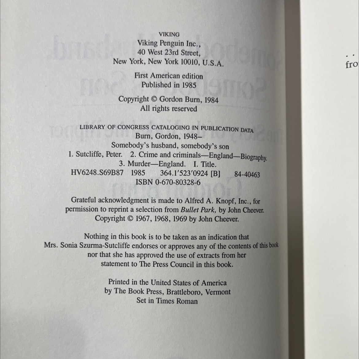 somebody's husband, somebody's son book, by Gordon Burn, 1985 Hardcover image 3