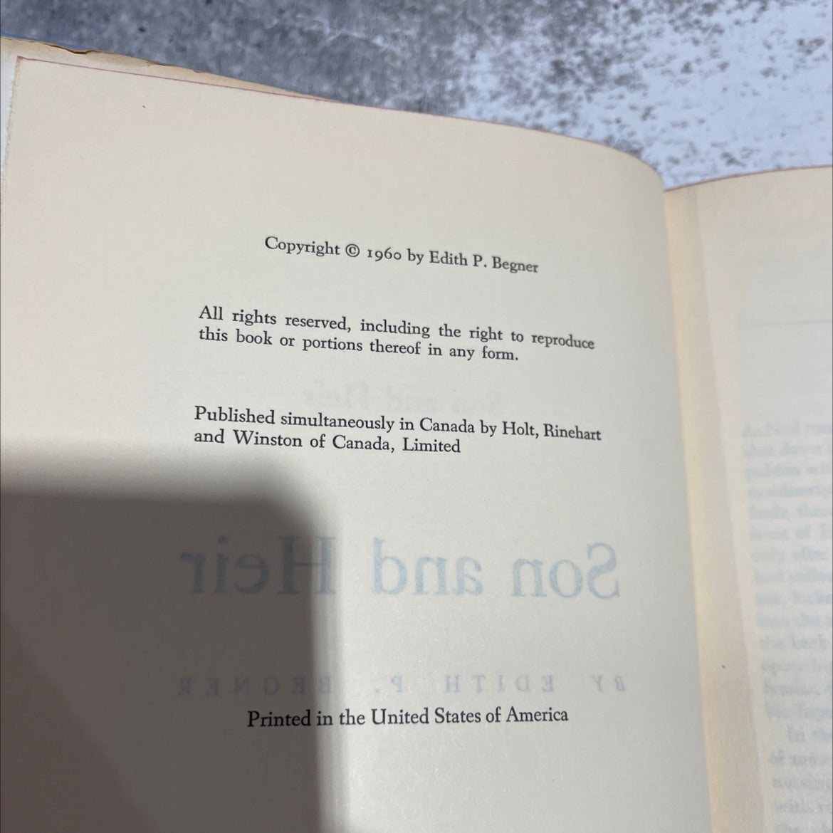 son and heir book, by edith p. begner, 1960 Hardcover image 3