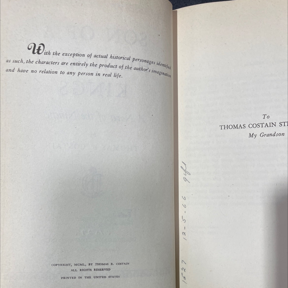 son of a hundred kings book, by thomas b. costain, 1966 Hardcover image 3