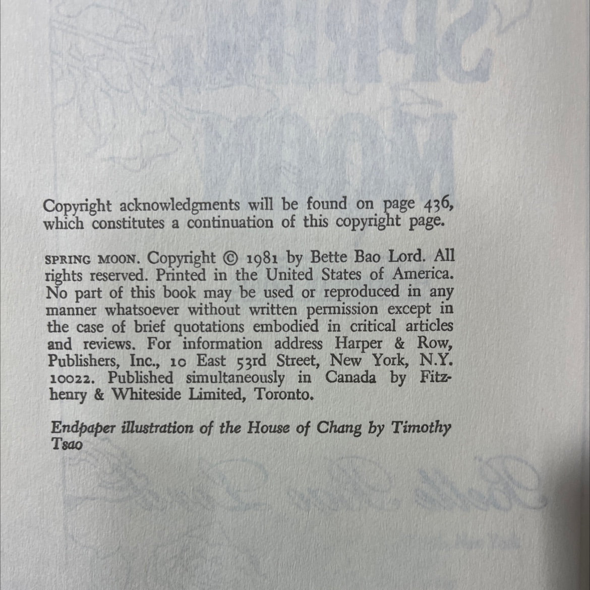 spring moon book, by Bette Bao Lord, 1981 Hardcover image 3