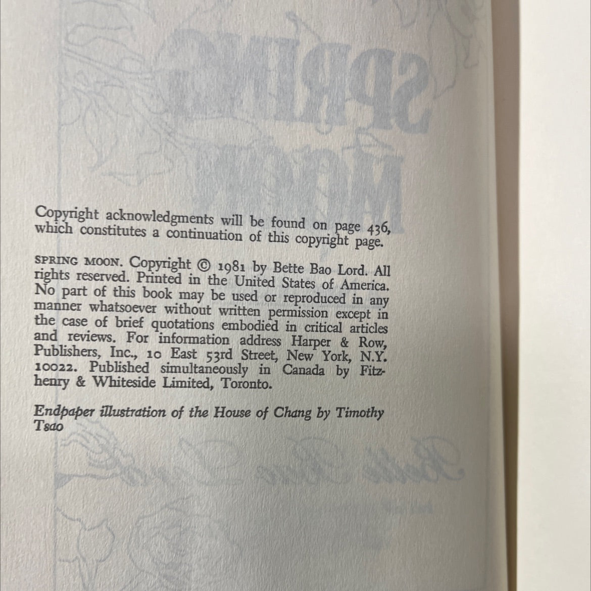 spring moon book, by Bette Bao Lord, 1981 Hardcover image 3
