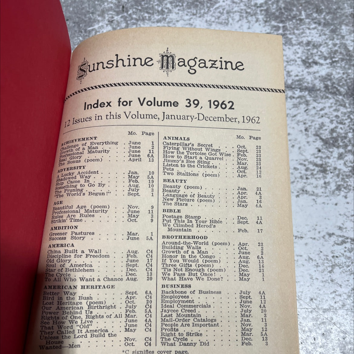 sunshine magazine index for volume 39, 1962 book, by unknown, 1962 Hardcover image 2