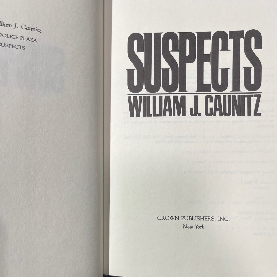 suspects book, by william j. caunitz, 1986 Hardcover image 2