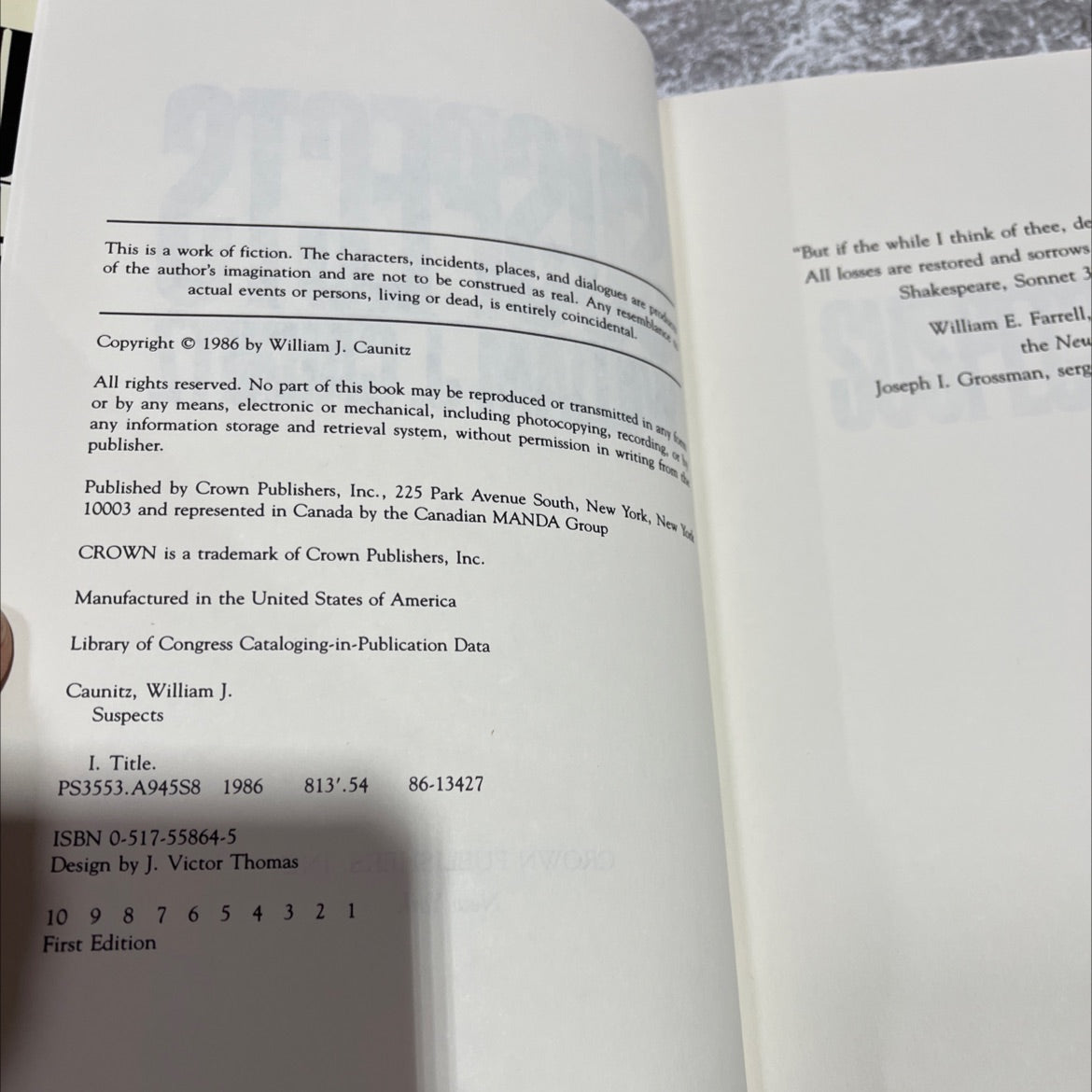 suspects book, by William J. Caunitz, 1986 Hardcover image 3