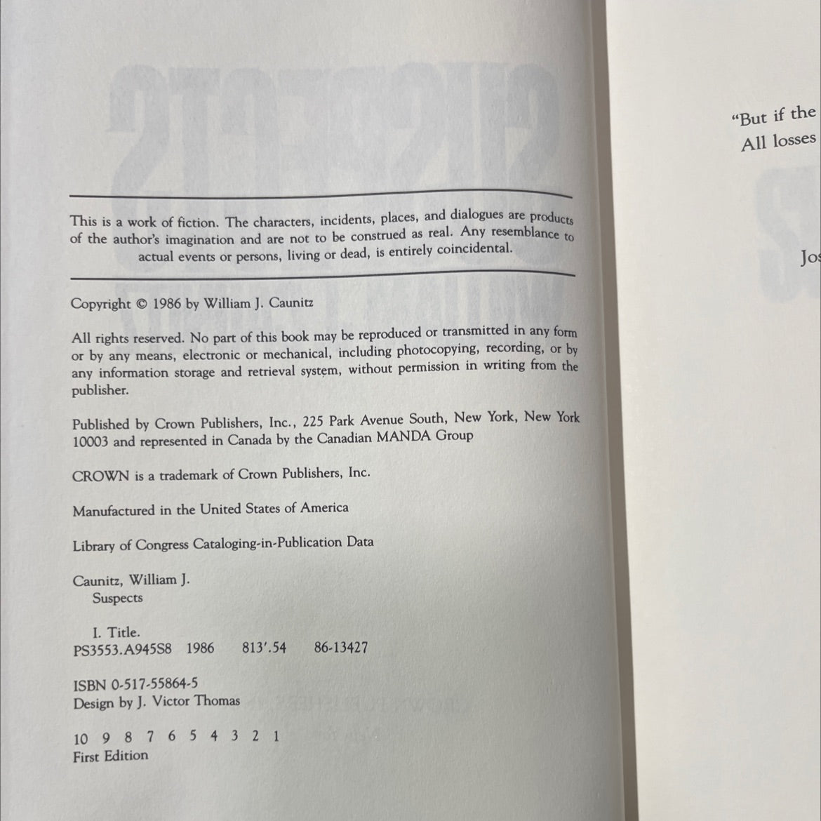 suspects book, by william j. caunitz, 1986 Hardcover image 3