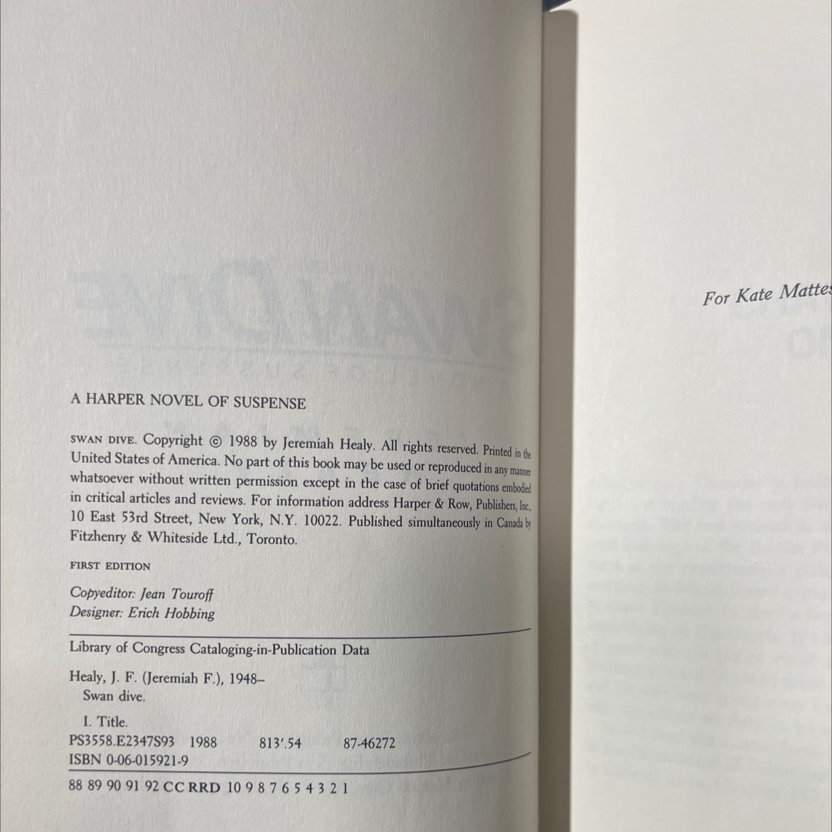swan dive book, by Jeremiah Healy, 1988 Hardcover image 3