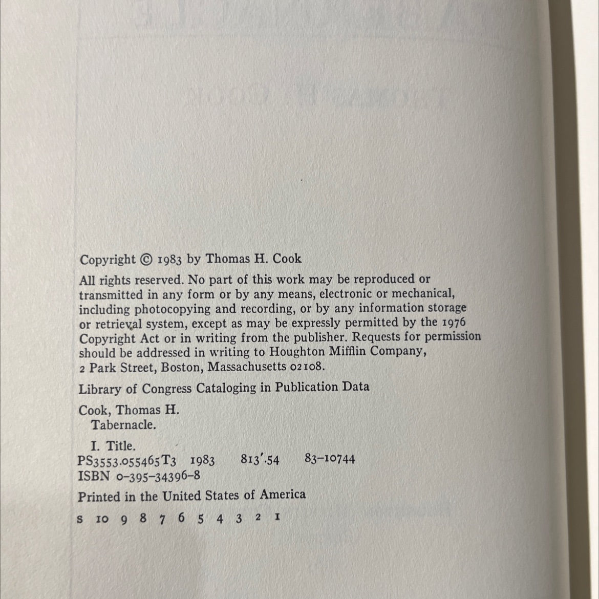 tabernacle book, by Thomas H. Cook, 1983 Hardcover image 3