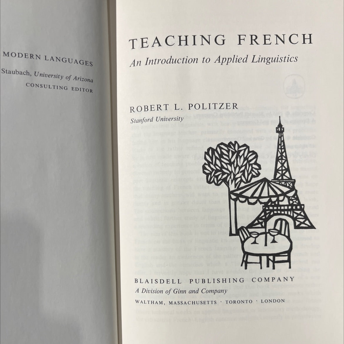 teaching french an introduction to applied linguistics book, by robert l. politzer, 1965 Hardcover image 2