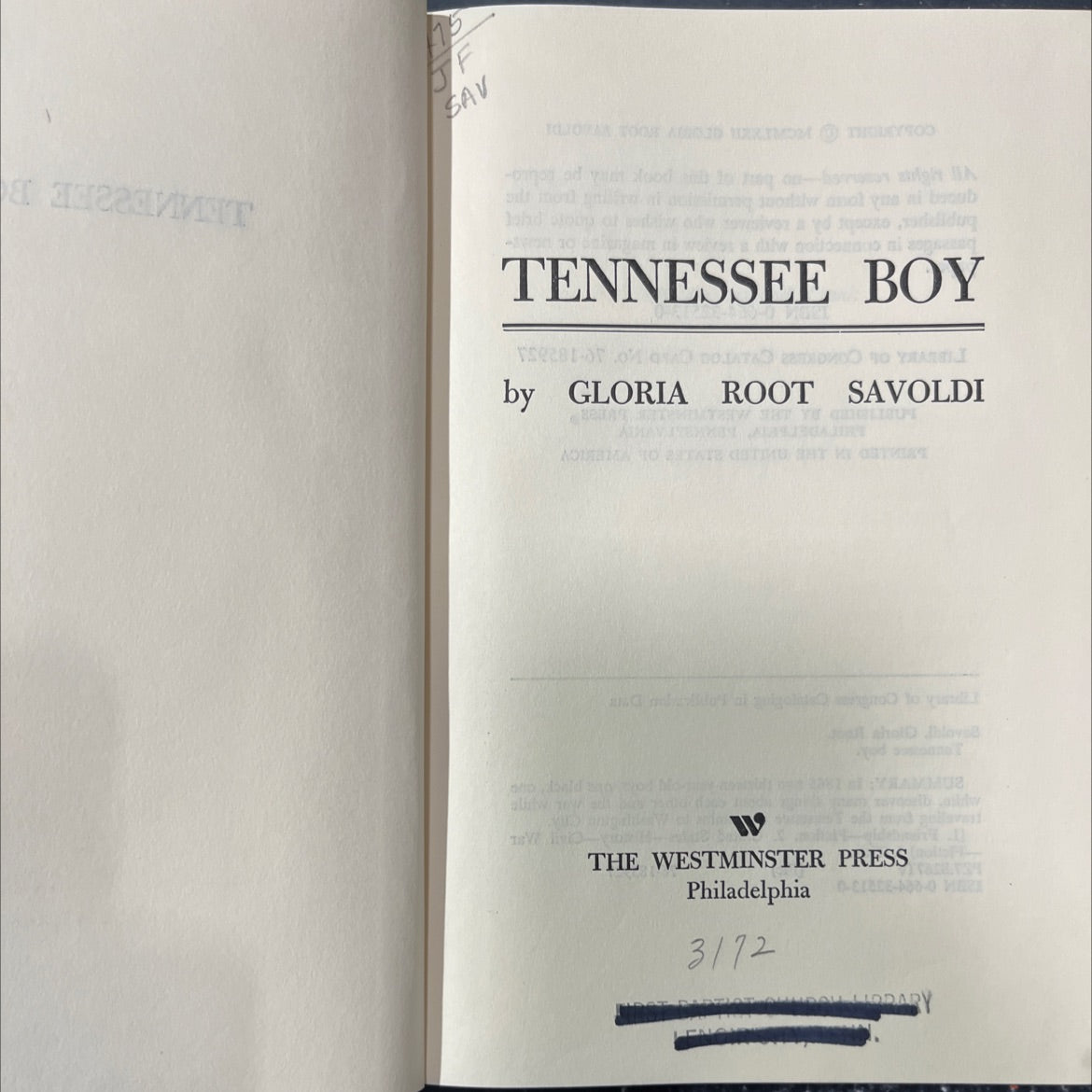 tennessee boy book, by gloria root savoldi, 1972 Hardcover image 2