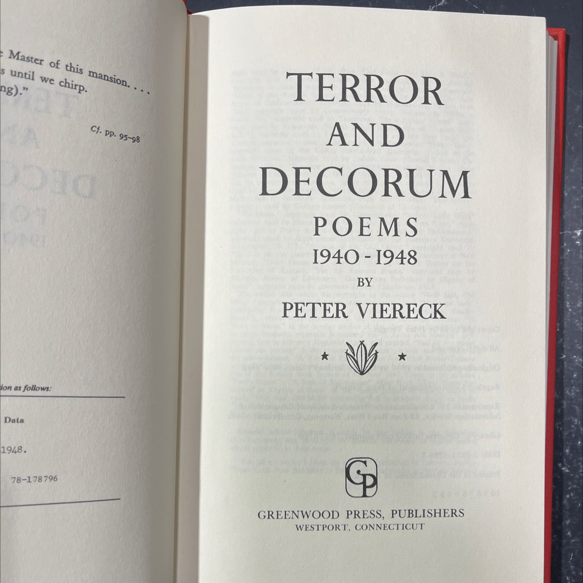 SIGNED terror and decorum poems book, by peter viereck, 1948 Hardcover, Vintage image 2