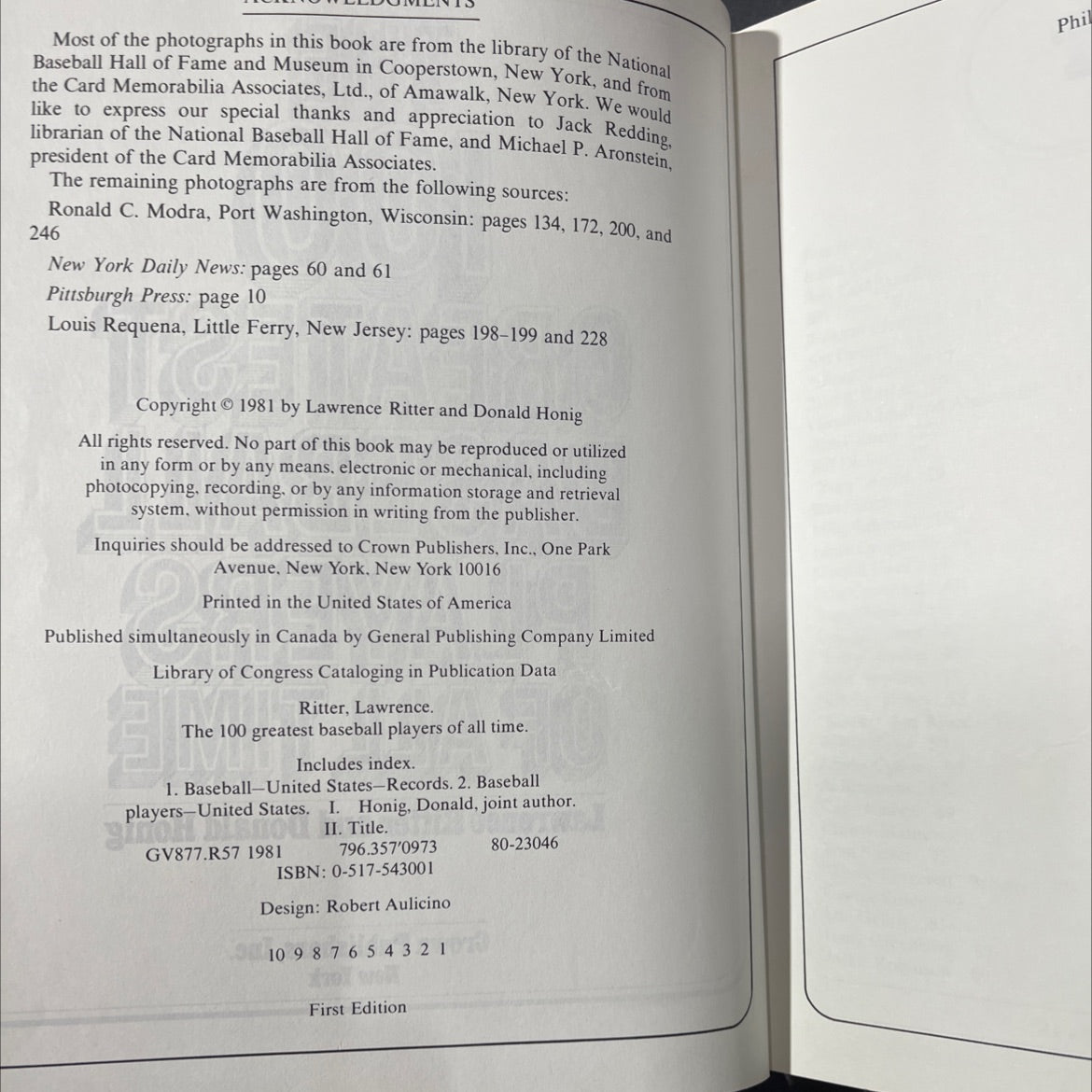 the 100 greatest baseball players of all time book, by Lawrence Ritter and Donald Honig, 1981 Hardcover image 3