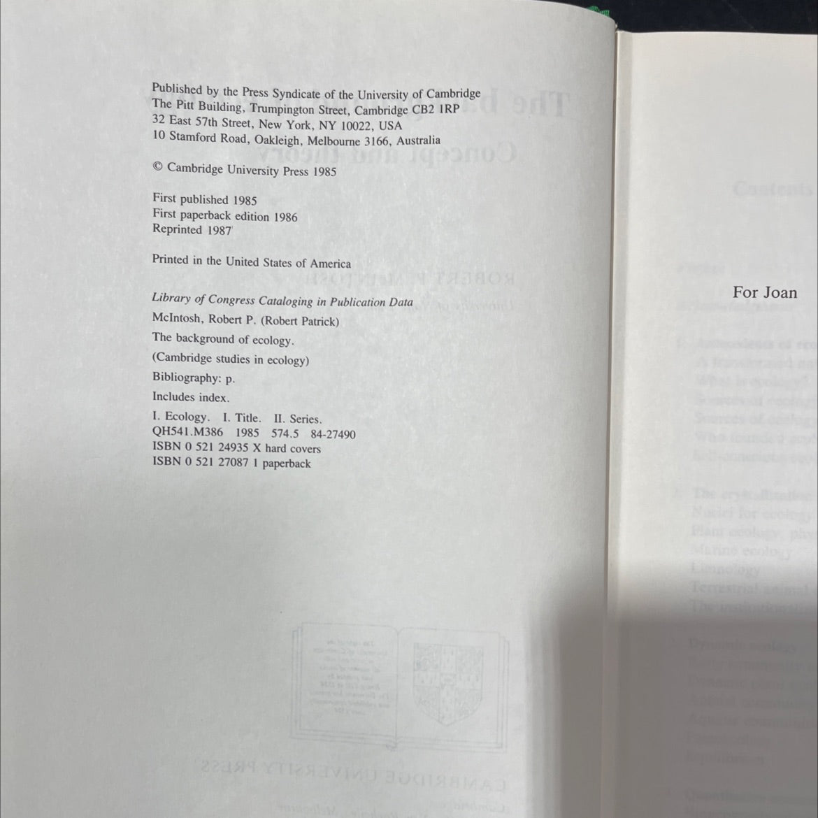 the background of ecology book, by robert p. mcintosh, 1985 Hardcover image 3