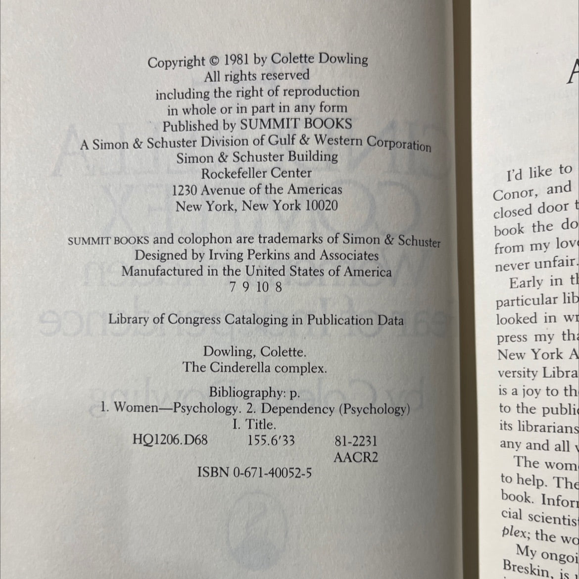 the cinderella complex women's hidden fear of independence book, by Colette Dowling, 1981 Hardcover image 3