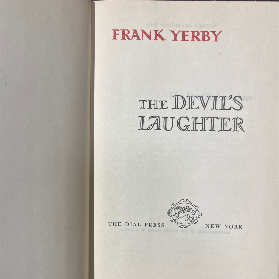 the devil's laughter book, by Frank Yerby, 1953 Hardcover image 2