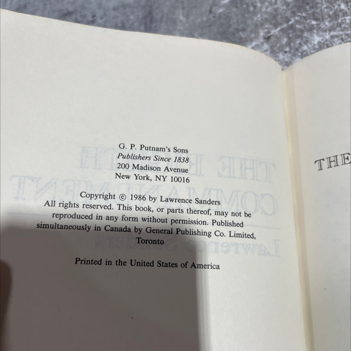 the eighth ment commandment book, by Lawrence Sanders, 1986 Hardcover image 3